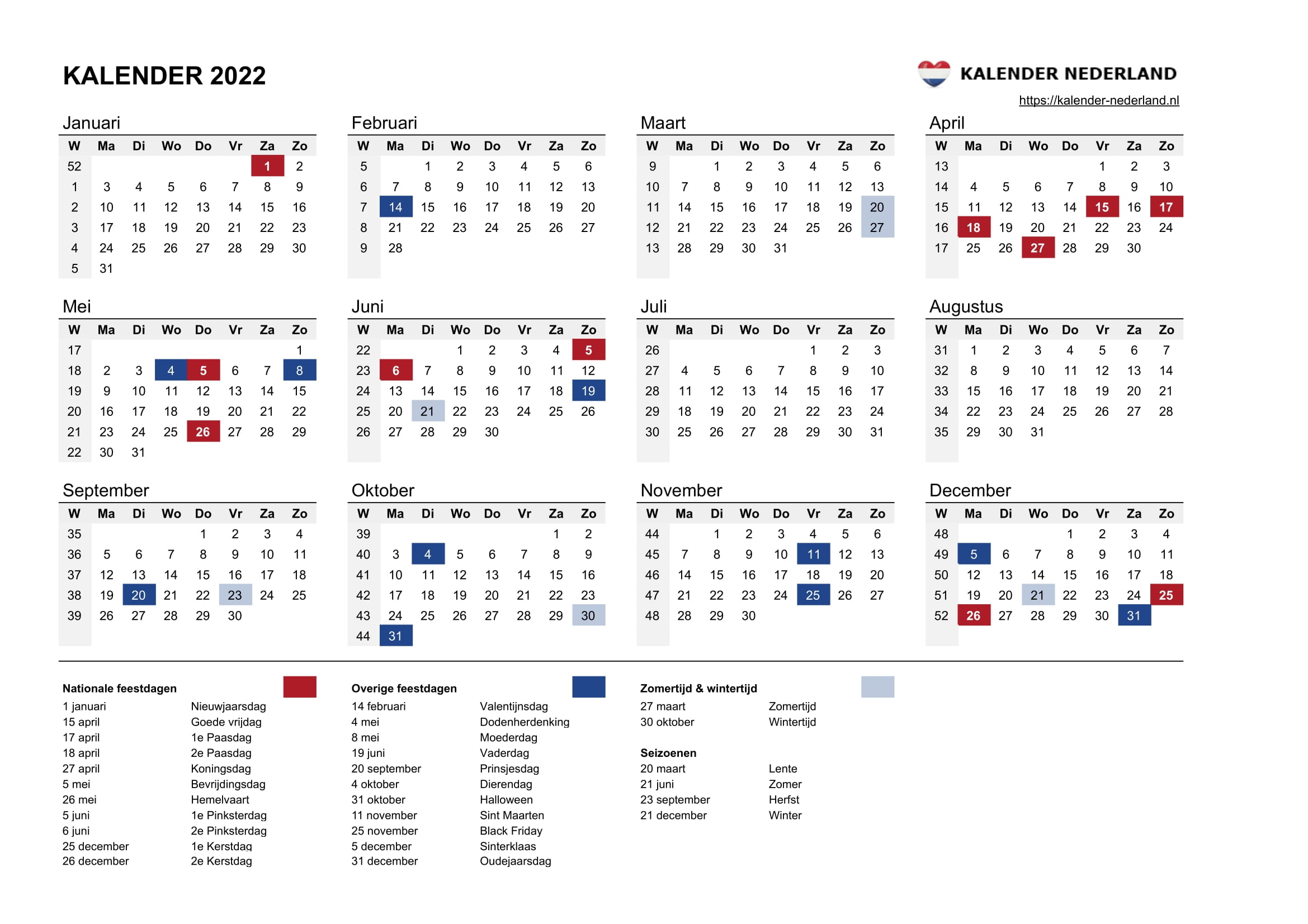 Inspecteren Hervat genoeg Kalender 2022 • Kalender Nederland
